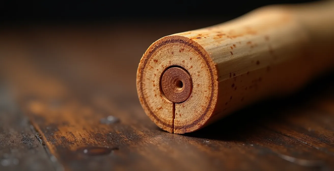 Coupe transversale détaillée montrant l'anatomie d'une baguette de batterie premium